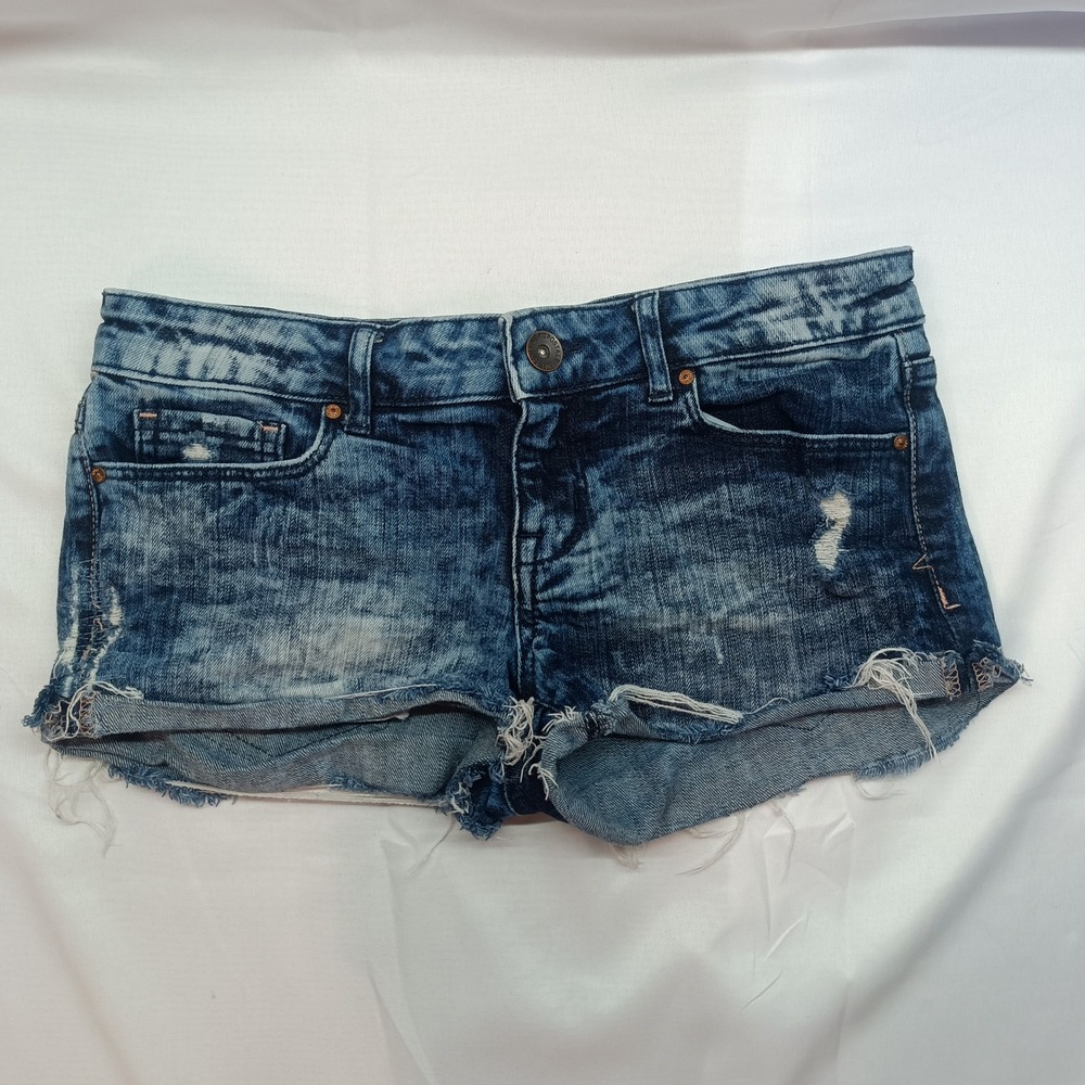 Aeropostale Shorty Denim Shorts Womens 4 Dark Acid Wash Distressed Low Rise